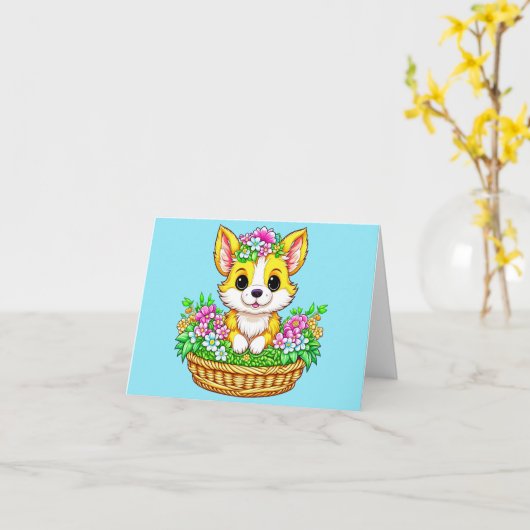 Frühjahrshund Niedlicher Hund in Blume Karte (Gelbe Blume)