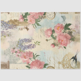 Frühjahrskollage mit Vögeln und Blume | Dekoupage Seidenpapier