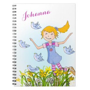 Frühjahrsmädchen jagen Vögel Kinder Notizbuch Notizblock