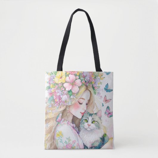Frühjahrsmädchen mit Blume und Katze Tasche (Vorderseite)
