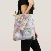 Frühjahrsmädchen mit Blume und Katze Tasche (Von Nahem)