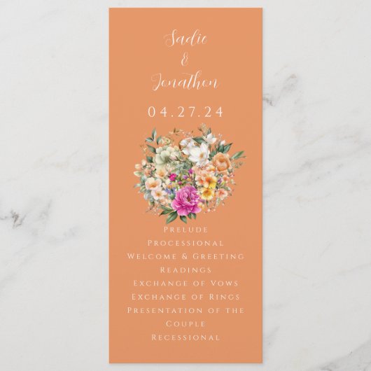 Frühjahrssaison Apricot Peach Floral Wedding Programm (Vorderseite)