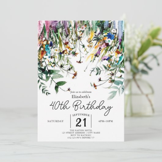 Frühjahrsskript-Wildblumen 40. Geburtstag Einladung (Stehend Vorderseite)