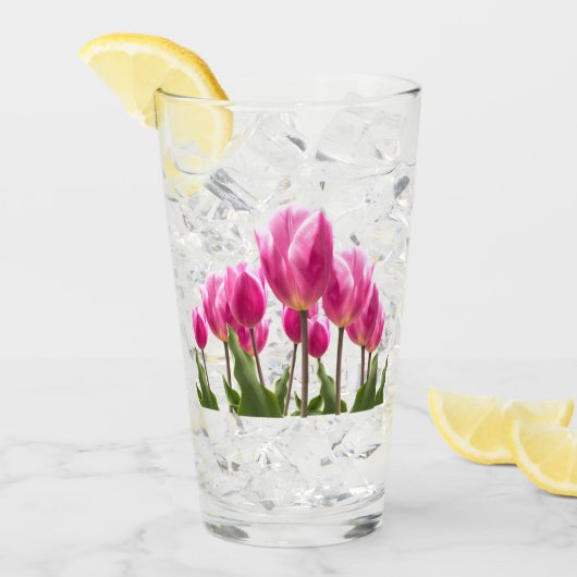 Frühjahrsstil Küchendekor Rosa Tulpen Trinkglas Glas (Vorderseite Ice)
