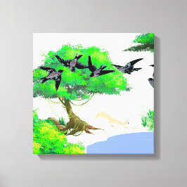 Frühjahrswald mit Vögeln und Eichhörnchen - Natur Leinwanddruck