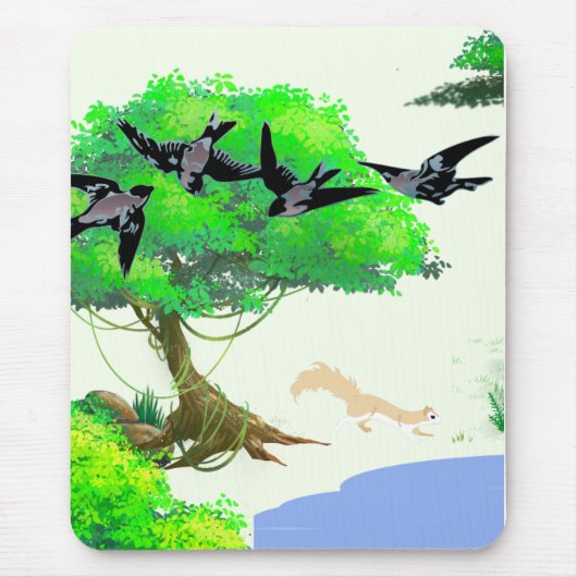 Frühjahrswald mit Vögeln und Eichhörnchen - Natur Mousepad (Vorne)