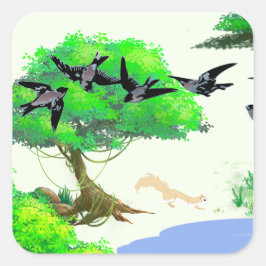Frühjahrswald mit Vögeln und Eichhörnchen - Natur Quadratischer Aufkleber