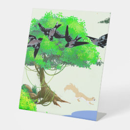 Frühjahrswald mit Vögeln und Eichhörnchen - Natur Sockelschild