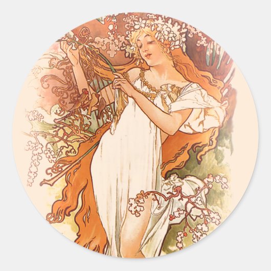 Frühling - Alphonse Mucha Art Nouveau Runder Aufkleber (Vorderseite)