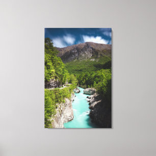 Frühling am Fluss Soča von der Napoleon-Brücke Leinwanddruck