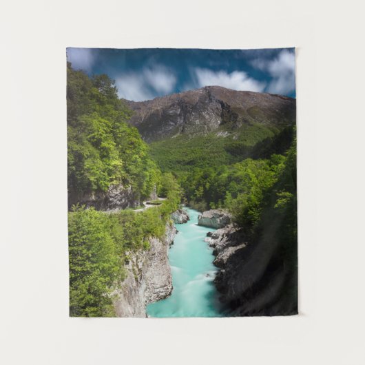 Frühling am Fluss Soča von der Napoleon-Brücke Wandteppich (Vorderseite)