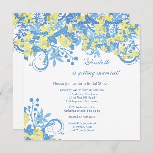 Frühling Blumendusche Einladung Gelb Blau (Vorne/Hinten)