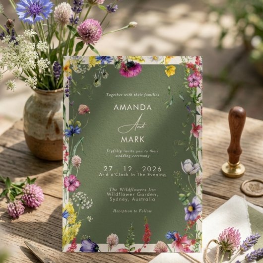 Frühling Boho Chic Bunte Wildblumen-Hochzeit Einladung