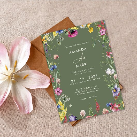 Frühling Boho Chic Farbige Wildblumen-Hochzeit Einladung