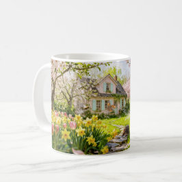 Frühling Cottage mit Bienen, Igel und Blütenpracht Kaffeetasse