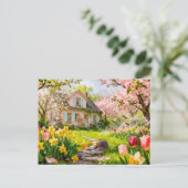 Frühling Cottage mit Bienen, Igel und Blütenpracht Postkarte (Stehend Vorderseite)