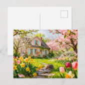 Frühling Cottage mit Bienen, Igel und Blütenpracht Postkarte (Vorne/Hinten)