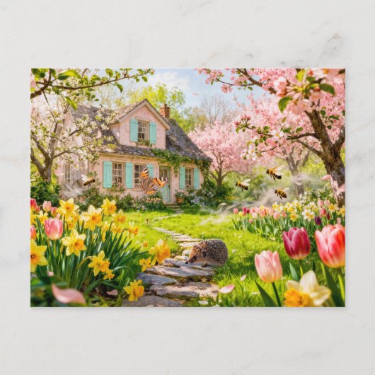 Frühling Cottage mit Bienen, Igel und Blütenpracht Postkarte (Vorderseite)