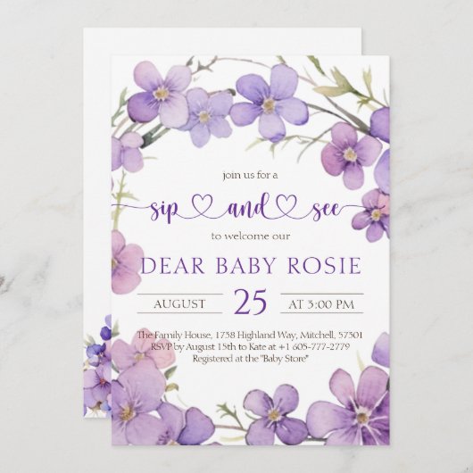 Frühling Delicate Violet Blume Baby Sip und sehen Einladung (Vorne/Hinten)
