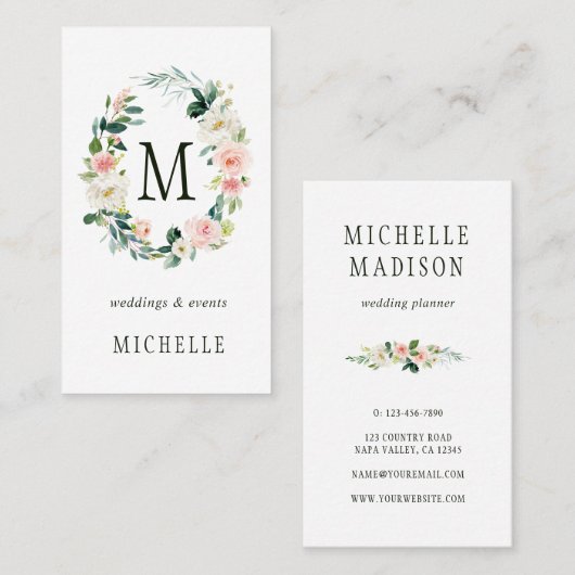 Frühling erröten BlumenKranz-Monogramm Visitenkarte (Vorne/Hinten)
