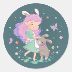 Frühling-Hasen-Mädchen-Illustration Runder Aufkleber