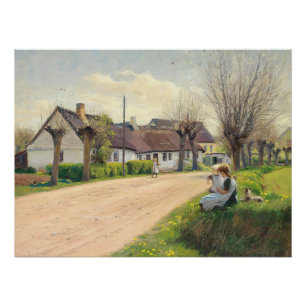 Frühling im Dorf mit Mädchen am Straßenrand Poster