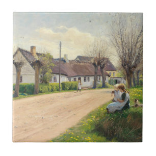 Frühling im Dorf mit Mädchen auf der Straße Fliese
