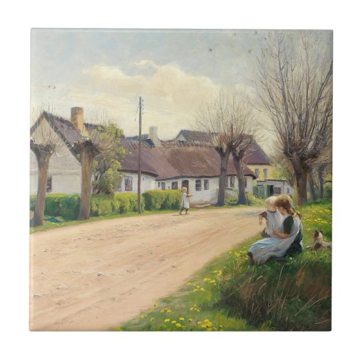 Frühling im Dorf mit Mädchen auf der Straße Fliese (Vorderseite)