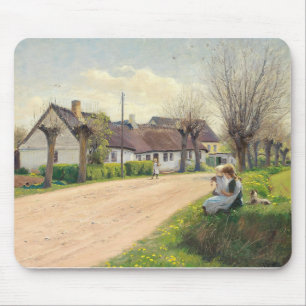 Frühling im Dorf mit Mädchen auf der Straße Mousepad