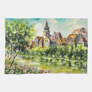 Frühling in der kleinen Stadt auf dem Fluss Handtuch