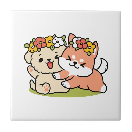 Frühling in Farbe - Adorable Hunde Illustration Fliese (Vorderseite)