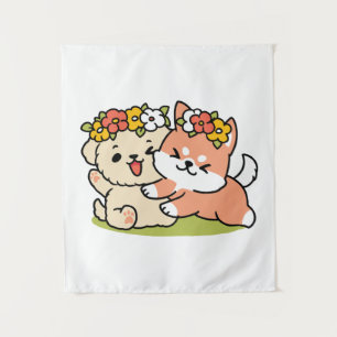 Frühling in Farbe - Adorable Hunde Illustration Wandteppich