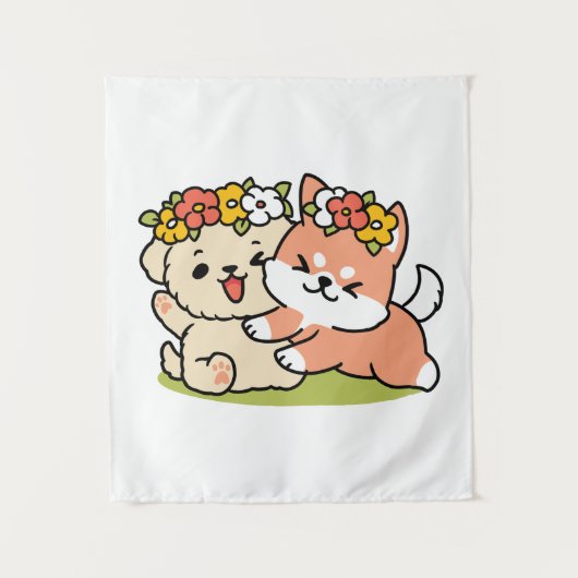 Frühling in Farbe - Adorable Hunde Illustration Wandteppich (Vorderseite)