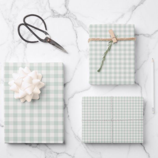 Frühling Klassisches Gingham | Gedämpfter Salbei Geschenkpapier Set (Vorderseite)