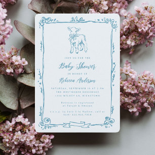 Frühling Lamm Süße Doodle Blau Junge Baby Shower Einladung