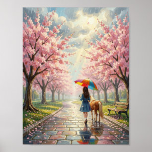 Frühling - Mädchen mit Regenschirm und Pony im reg Poster
