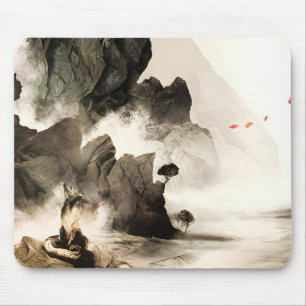 Frühling Mystischer Fuchs Nebeliger Berg Minimalis Mousepad