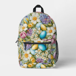 Frühling. Narzissen, Hyazinthen, Tulpen, Ostereier Bedruckter Rucksack