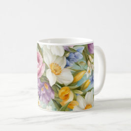 Frühling. Narzissen, Hyazinthen, Tulpen, Ostereier Kaffeetasse