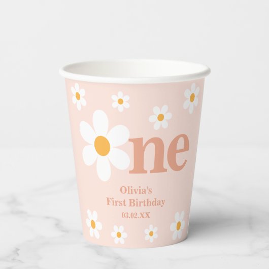 Frühling Pink Daisy ersten Geburtstag Pappbecher (Rückseite)