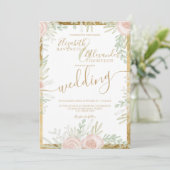 Frühling Rosa Blütengold Grenz schick weiße Hochze Einladung (Stehend Vorderseite)