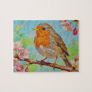 Frühling-Rotkehlchen in Kirschblüten-Ölgemälde Puzzle