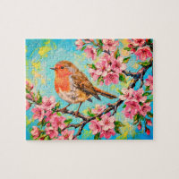 Frühling-Rotkehlchen in Kirschblüten-Ölgemälde