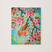 Frühling-Rotkehlchen in Kirschblüten-Ölgemälde Puzzle (Vertikal)
