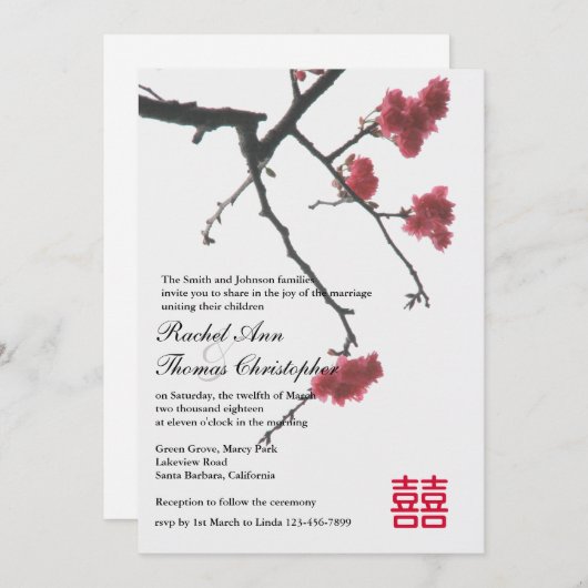 Frühling Sakura Oriental Zen Xi Hochzeit Einladung (Vorne/Hinten)