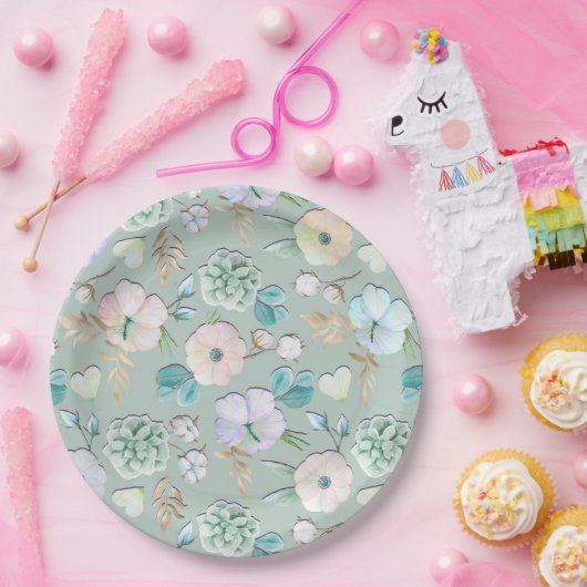 Frühling Sommer Minze Grün Gold Lialc Rosa Blüten Pappteller (Party)