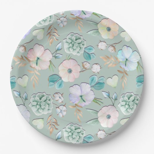 Frühling Sommer Minze Grün Gold Lialc Rosa Blüten Pappteller (Vorderseite)