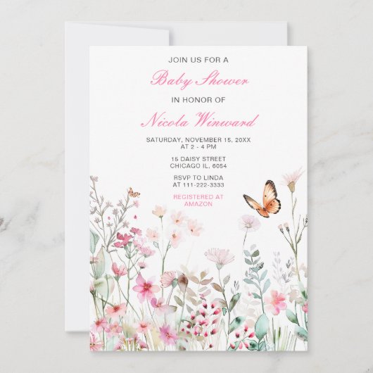 Frühling Tief rosa Schmetterling Floral Baby Dusch Einladung (Vorderseite)