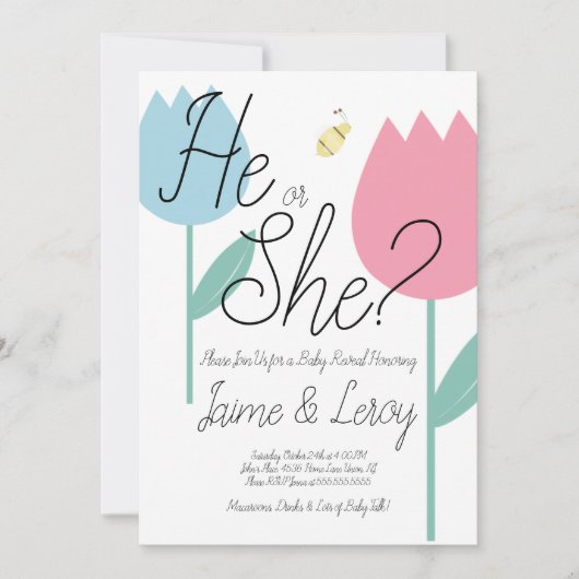 Frühling Tulips Pink Blue Gender Offenbarung Er od Einladung (Vorderseite)