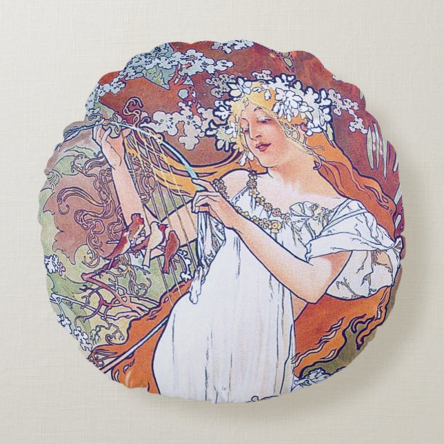 Frühling (vier Saisons), Alphonse Mucha Kissenbrec Rundes Kissen (Vorderseite)